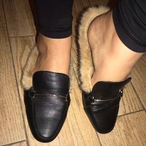Faux Leather Furry Slides Slipper